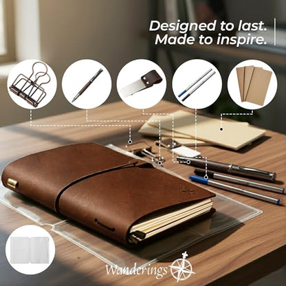 WANDERINGS A5 Travelers Notebook Bundle – 5.5" x 8.3" – Full-Grain Leather Journal with Pen Holder, Rollerball Pen, 3 Ink Refills, PVC Folder & Binder Clip