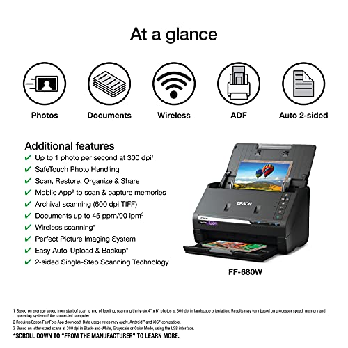 Epson FastFoto FF-680W Wireless Document and Photo Scanner 600 dpi 680 Watts CIS Document Scanner