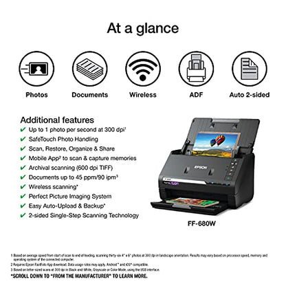 Epson FastFoto FF-680W Wireless Document and Photo Scanner 600 dpi 680 Watts CIS Document Scanner