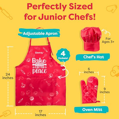 Baketivity Chef Hat and Apron Set for Kids One Size Adjustable Durable Fabric Kitchen Cooking Kit