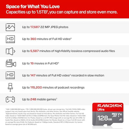 SanDisk 128GB SDSQUJQ-128G-GZ6MA Micro SDXC Card - Class 10 - UHS-I - 195MB/s Read Speed - Temperature Proof - Water Proof