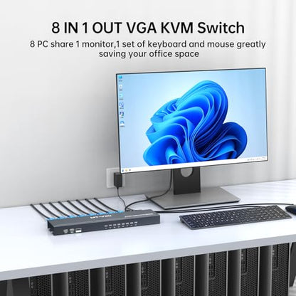 MT-VIKI 8-Port KVM Switch VC-801UK-L, 5V 0.5A Input, VGA Connector, Push Button Control, 8 Way Circuit, Rack Mountable