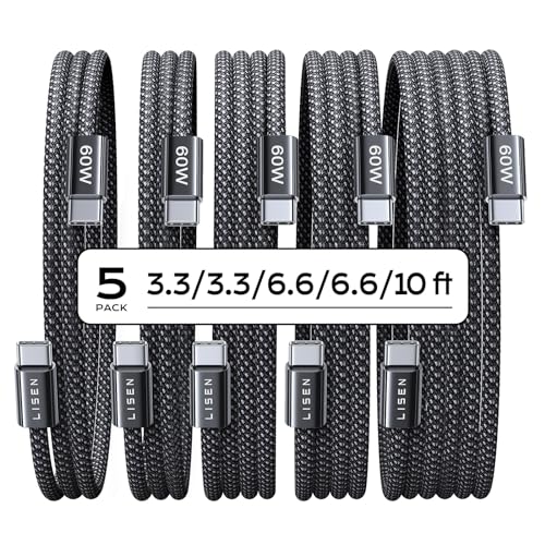 LISEN USB C to USB C Cable 5-Pack 60W 480Mbps Male-to-Male Black