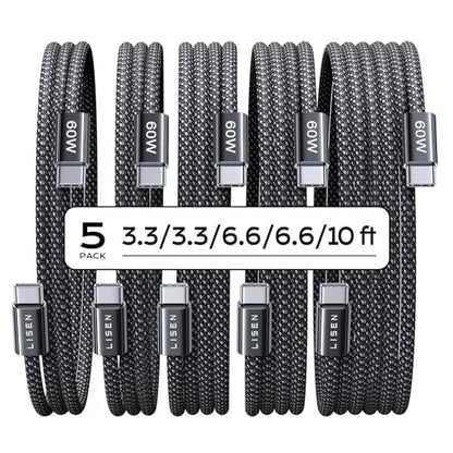 LISEN USB C to USB C Cable 5-Pack 60W 480Mbps Male-to-Male Black