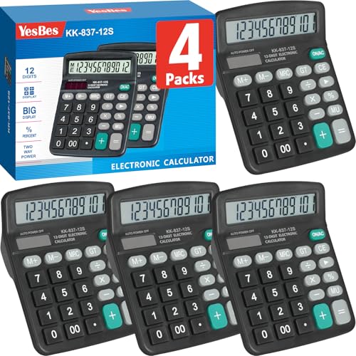 YesBes 4 Pack Standard Function Calculators 4.25 Inches LCD Display Solar Powered Dual Power Plastic