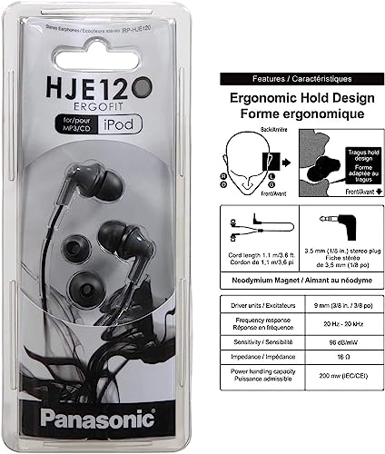 Panasonic RP-HJE120-K Wired Earbud Headphones, 3.5mm Jack