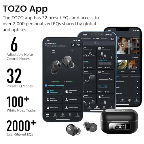TOZO NC9 Hybrid Active Noise Cancelling Wireless Earbuds, Bluetooth 5.3, 60 Hours Playtime, IPX8 Waterproof, 6 Microphones for Clear Calls
