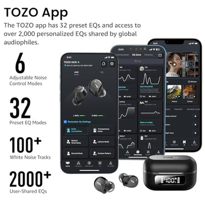 TOZO NC9 Hybrid Active Noise Cancelling Wireless Earbuds, Bluetooth 5.3, 60 Hours Playtime, IPX8 Waterproof, 6 Microphones for Clear Calls