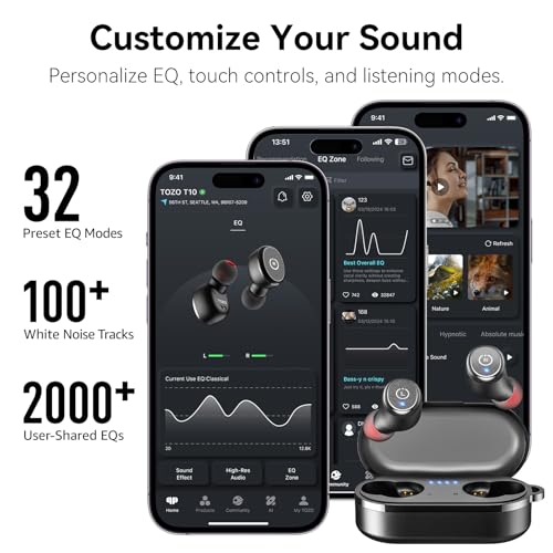 TOZO T10 Wireless Earbuds Bluetooth 5.3 Connectivity, IPX8 Waterproof, Ergonomic Design, 55 Hours Playtime, Wireless Charging Case