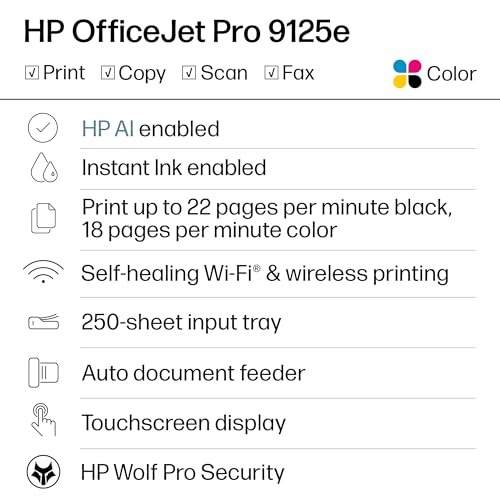 HP OfficeJet Pro 9125e Inkjet Printer Color 1200x1200 250 Sheet Tray All-in-One