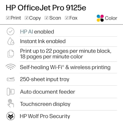HP OfficeJet Pro 9125e Inkjet Printer Color 1200x1200 250 Sheet Tray All-in-One