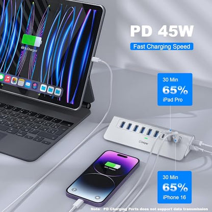 intpw 9 Port USB Hub USB 3.2 Fast Charging 10Gbps Powered Aluminum Model YH6AC