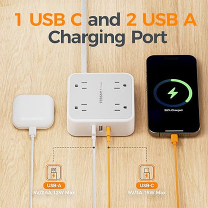 TESSAN 5 Ft Flat Plug Surge Protective Power Strip with 8 Outlets and 3 USB Ports (1 USB-C)