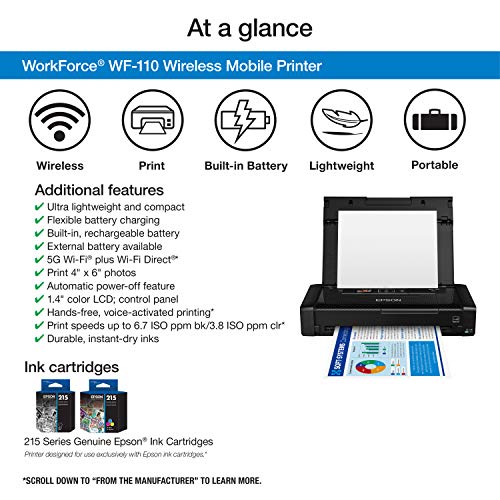 Epson WorkForce WF-110 5760 x 1440 dpi Portable Wireless Color Printer Model C11CH25201