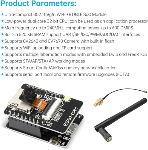 Aideepen 2-Pack ESP32 CAM Development Board 512KB Memory 240MHz Dual Core Microcontroller FreeRTOS