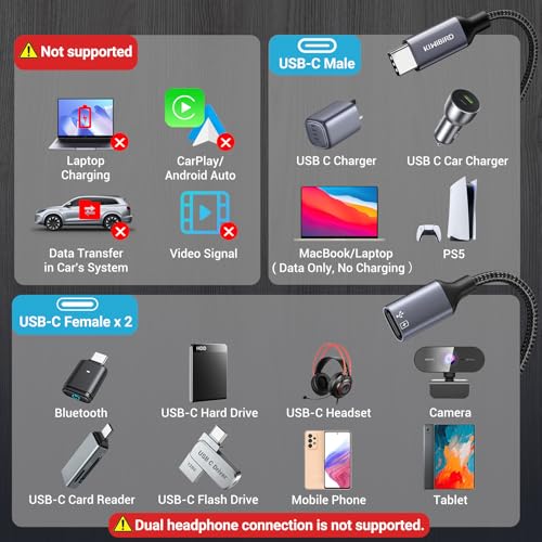 KiwiBird USB-C Splitter 1 in 2 Out Male to Female Adapter, 480 Mbps Data Transfer Rate, Grey