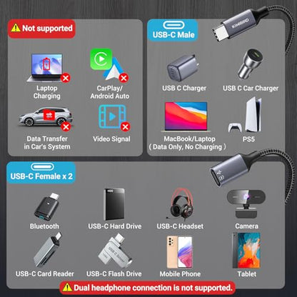 KiwiBird USB-C Splitter 1 in 2 Out Male to Female Adapter, 480 Mbps Data Transfer Rate, Grey