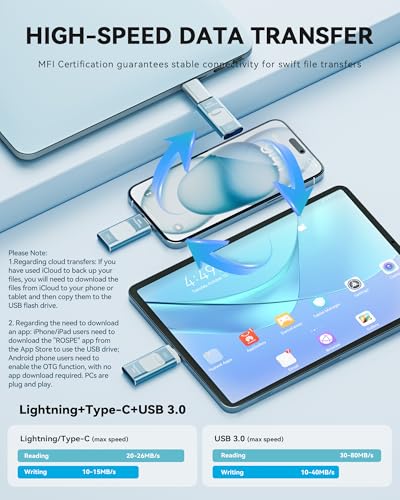 ROSPE 128GB RSE241 USB Flash Drive, 40MB/s Write Speed, 80MB/s Read Speed, Lightning/USB Interface, Blue