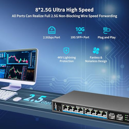 GigaPlus 10 Port Unmanaged Ethernet Switch S25-0802, 2.5Gbps, Metal Housing