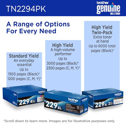 Brother TN229 4PK Color Laser Printer Toner Cartridges | Black, Cyan, Magenta, Yellow | Up to 1500 Page Yield