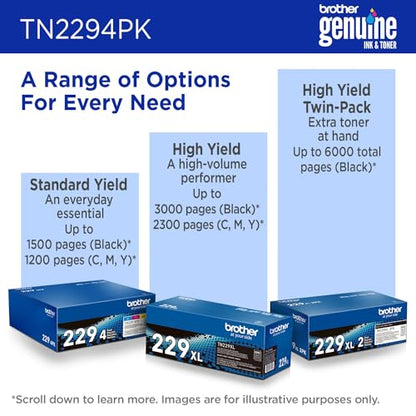 Brother TN229 4PK Color Laser Printer Toner Cartridges | Black, Cyan, Magenta, Yellow | Up to 1500 Page Yield