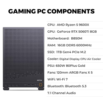 KOTIN Desktop Computer Tower AMD Ryzen 5 9600X 5.4GHz GeForce RTX 5060 Ti 8GB GDDR7 16GB DDR5 6000MHz 1TB PCIe 4.0 SSD 650W 80 Plus Gold WiFi 7 Windows 11 Home