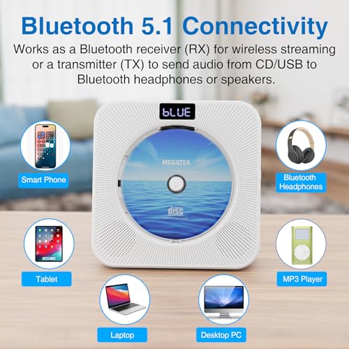 MEGATEK Portable CD Player CP28BR Auxiliary Bluetooth USB