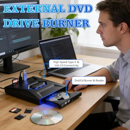 Linyuant External Blu-ray Drive BD/DVD/CD Optical Writer USB-A/USB-C