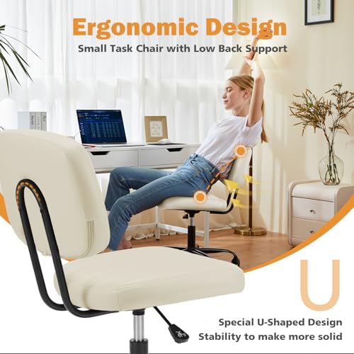 Sweetcrispy 193-WT-2H2 Beige PU Leather Armless Office Desk Chair - Adjustable Height, 250 lbs Maximum Weight Capacity, 360° Swivel
