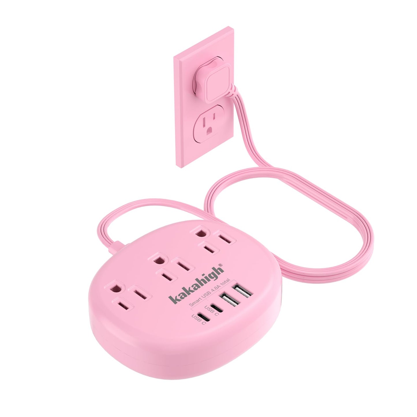 kakahigh 5FT 771-W Pink Extension Cord 125 Volts 1625 Watts Standard Power Strip with 3 AC Outlets and 4 USB Ports