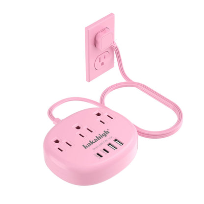 kakahigh 5FT 771-W Pink Extension Cord 125 Volts 1625 Watts Standard Power Strip with 3 AC Outlets and 4 USB Ports