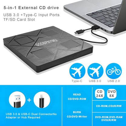 GODBPNYMU 5-in-1 External Optical Drive BT520 USB 3.0 & Type-C