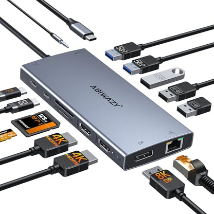 ABIWAZY 15-in-1 USB C Docking Station with Dual HDMI 4K, DisplayPort 8K, 100W PD, Ethernet, Audio, SD/MicroSD, Model AB026
