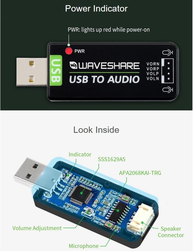 Wonrabai USB Sound Card WAVESHARE USB Sound Card 48kHz Stereo USB Audio Adapter