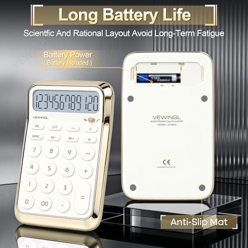 VEWINGL 12 Digit Standard Function Calculator, LCD Display, Battery Powered, Electroplated White, Model JN-900