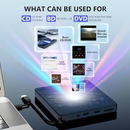 YUNINFANG External Portable Blu-ray Drive USB 3.0 Type A/C Black
