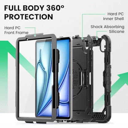 SEYMAC iPad Air 11 Inch Case A3460/A3463/A3266/A3267/A3270/A2902/A2903/A2904, Heavy Duty, Hybrid Polycarbonate, Silicone, Black