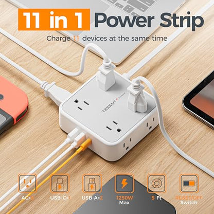TESSAN 5 Ft Flat Plug Surge Protective Power Strip with 8 Outlets and 3 USB Ports (1 USB-C)