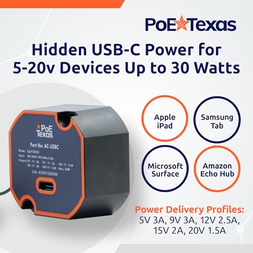 PoE Texas USB Type C Power Adapter - Model ZQ-P3020C, 30 Watts Output - In-Wall Mountable Power Source for Tablets