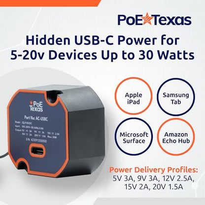 PoE Texas USB Type C Power Adapter - Model ZQ-P3020C, 30 Watts Output - In-Wall Mountable Power Source for Tablets
