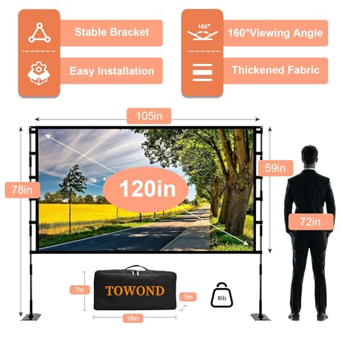 TOWOND 120 inch Projector Screen 4K 160 Degrees Matte Floor/Tripod Mount