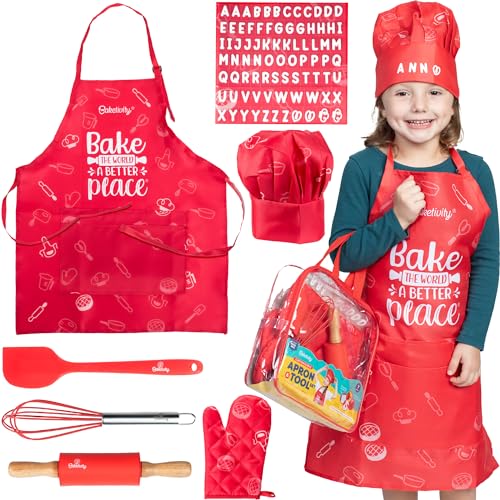 Baketivity Chef Hat and Apron Set for Kids One Size Adjustable Durable Fabric Kitchen Cooking Kit