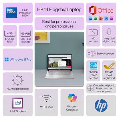 HP 14 Inch Laptop Computer for Business and Education, Intel N150, 128GB SSD, 500GB External Drive, 4GB RAM, Windows 11 Pro, HD Display, Honey Lavender