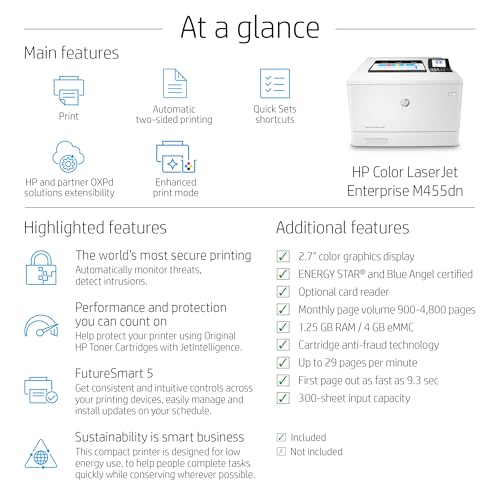 HP Color LaserJet Enterprise M455dn Color Printer 600x600 DPI, 27 B&W/Color PPM, Automatic Duplex, Laser