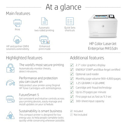 HP Color LaserJet Enterprise M455dn Color Printer 600x600 DPI, 27 B&W/Color PPM, Automatic Duplex, Laser