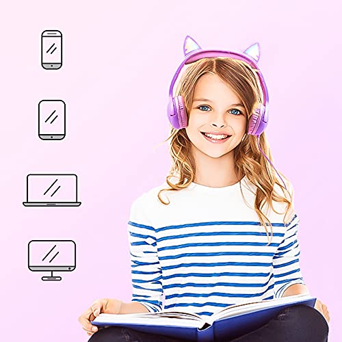 Olyre K06 Cat Ear Kids Headphones, 85dB Volume Control, On-Ear, Wired, 30mm Dynamic Driver System, Water Repellent, Purple