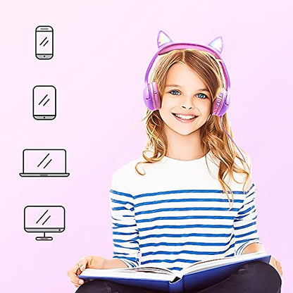 Olyre K06 Cat Ear Kids Headphones, 85dB Volume Control, On-Ear, Wired, 30mm Dynamic Driver System, Water Repellent, Purple