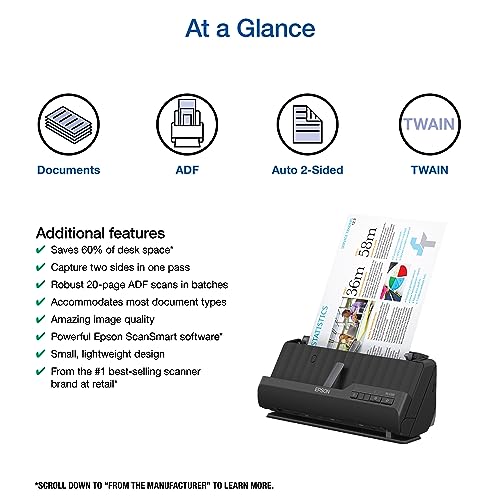 Epson Compact Desktop Document Scanner ES-C220 300 DPI USB 10 Watts 24-Bit Color Depth Document Scanner