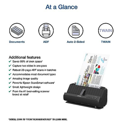 Epson Compact Desktop Document Scanner ES-C220 300 DPI USB 10 Watts 24-Bit Color Depth Document Scanner