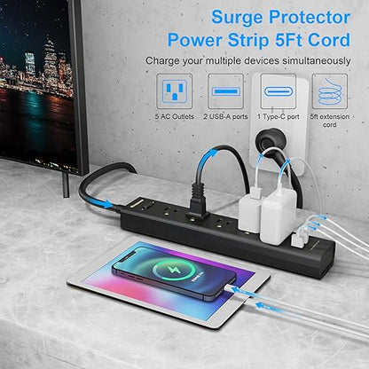 IECOPOWER 10.3" x 1.97" Power Strip Model WD-R1203U 125V 10A 5 Outlets with 3 USB Ports
